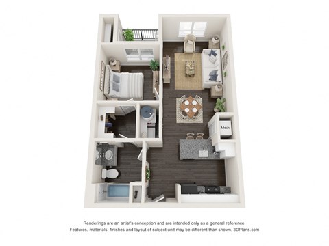 Floor plan for 1 bed, 1 bath, 673 sqft